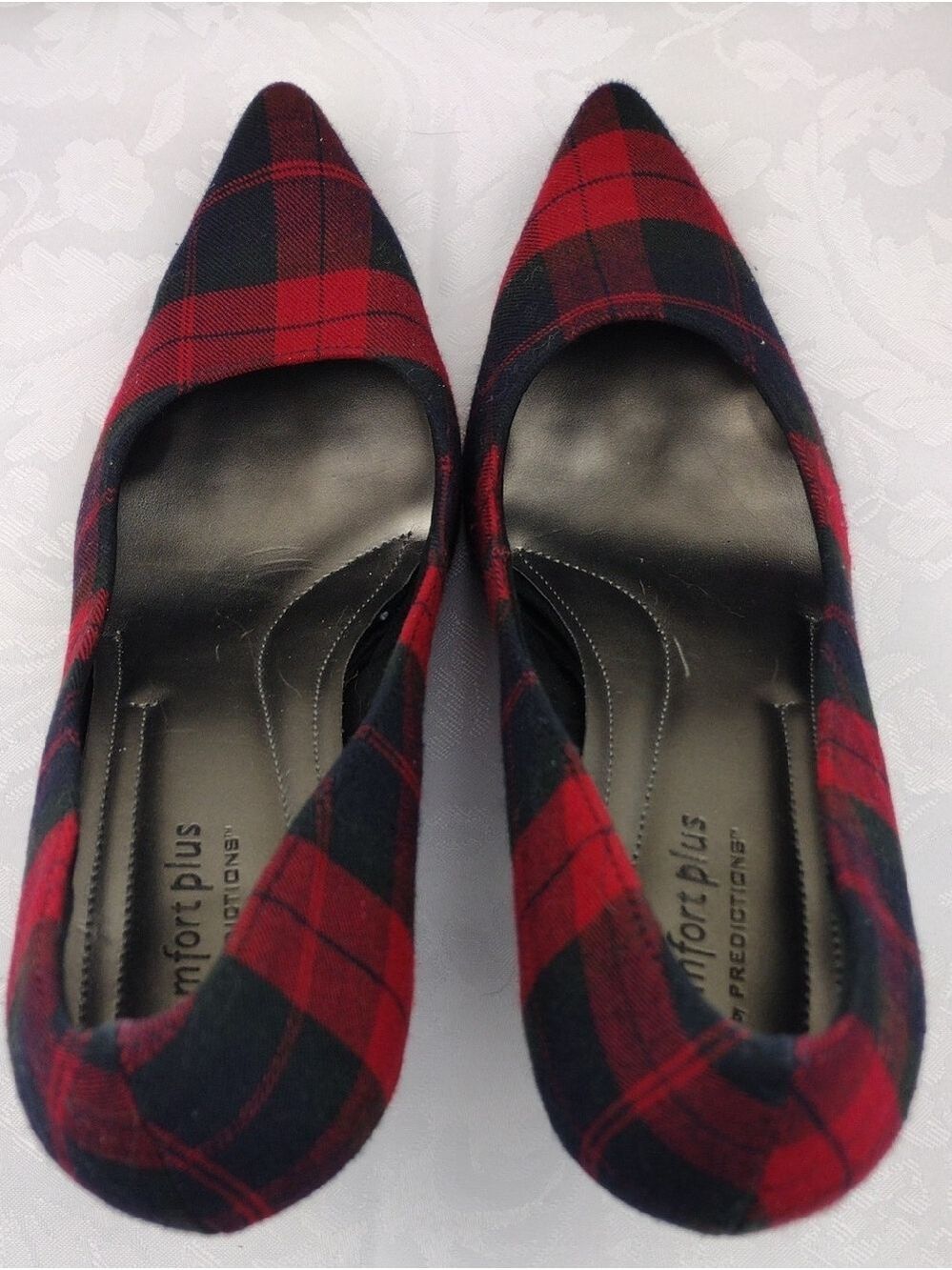 Comfort Plus by Predictions Black Red Plaid Fabric Point Toe High Heel Pump Shoe - Picture 6 of 16